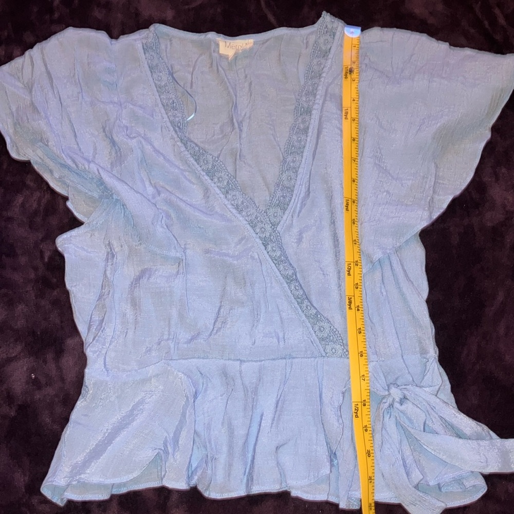 Meraki Blue Flutter Sleeve Wrap Blouse